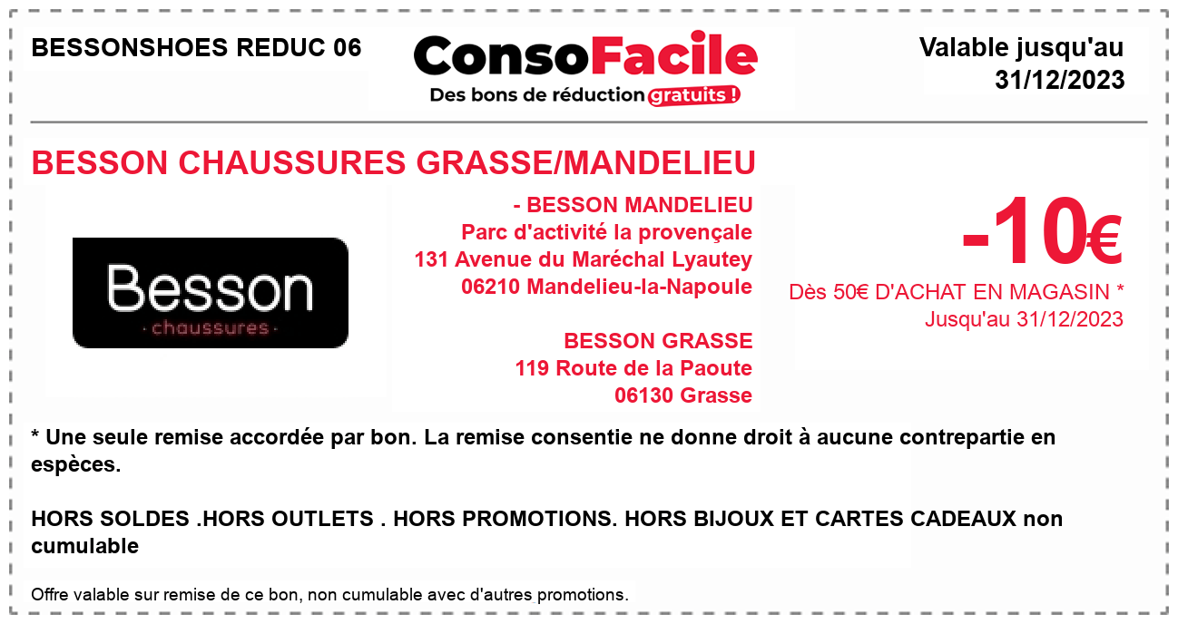 Bon de réduction BESSON CHAUSSURES GRASSE/MANDELIEU sur