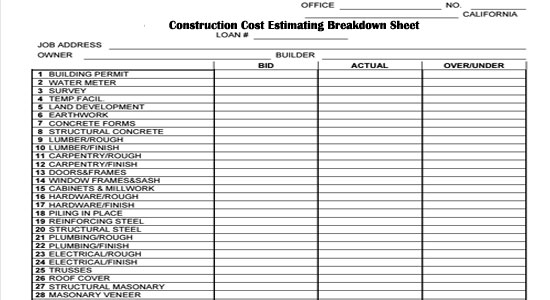 Construction Cost Estimating Breakdown Sheet