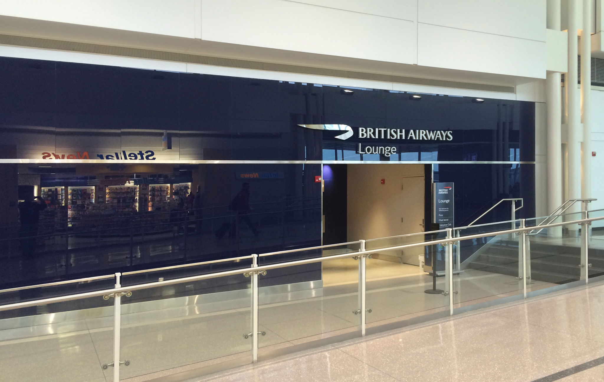 Glass central feature of British Airways lounge at Dulles
