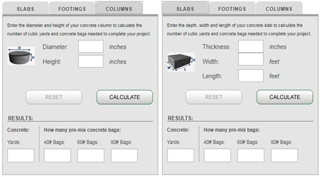 Concrete Calculator by for Slab, Footings and Columns