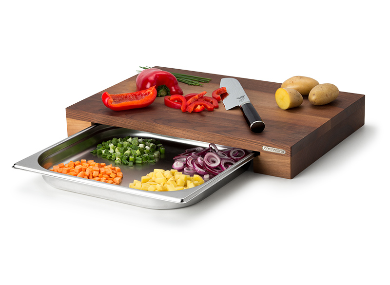 Schneidebrett Walnuss mit Edelstahlschublade