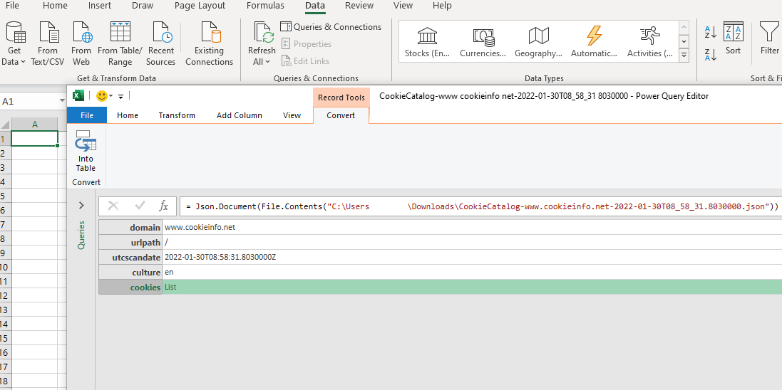 Cookiebot download as JSON, import in Excel