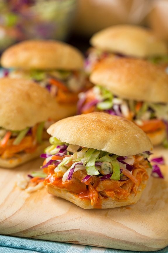 Buffalo Chicken Sliders with Blue Cheese Coleslaw Cooking Classy