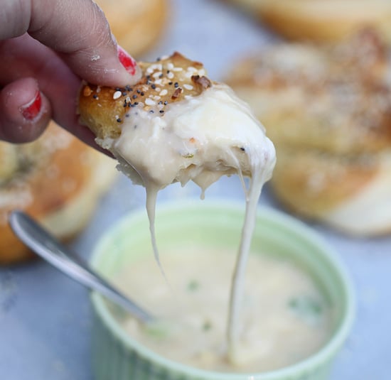 Everything Pretzels with Aged Monterey Jack, Pale Ale and Hatch Pepper Fondue Cooking for Keeps