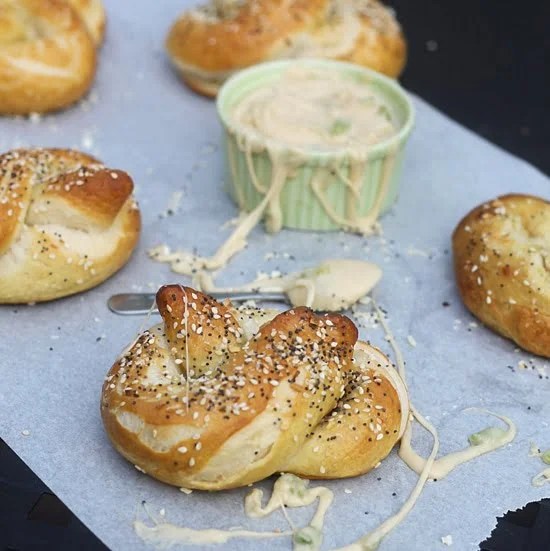 Everything Pretzels with Aged Monterey Jack, Pale Ale and Hatch Pepper Fondue Cooking for Keeps