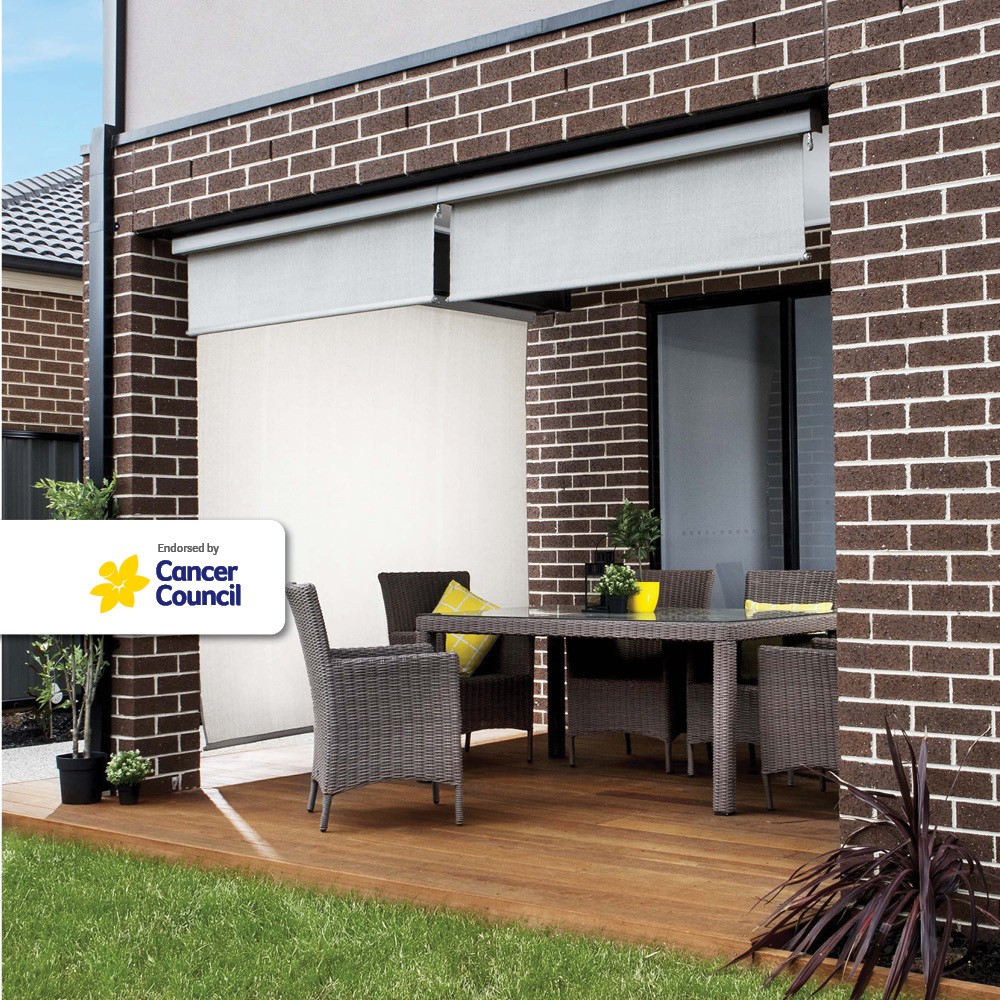 Crank Operated Outdoor Blinds with Shade Cloth and Premium Pelmet
