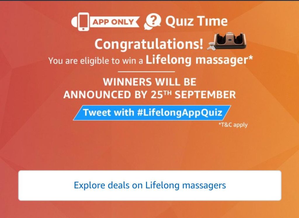 (Today's Answers) Amazon massagers Quiz Time Win Rs.1 Lakh