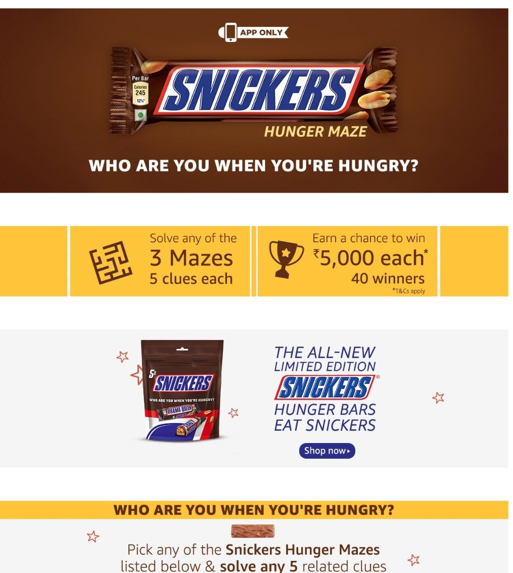 (All Answers)Amazon Snickers Hunger Maze contest Answers & win Rs