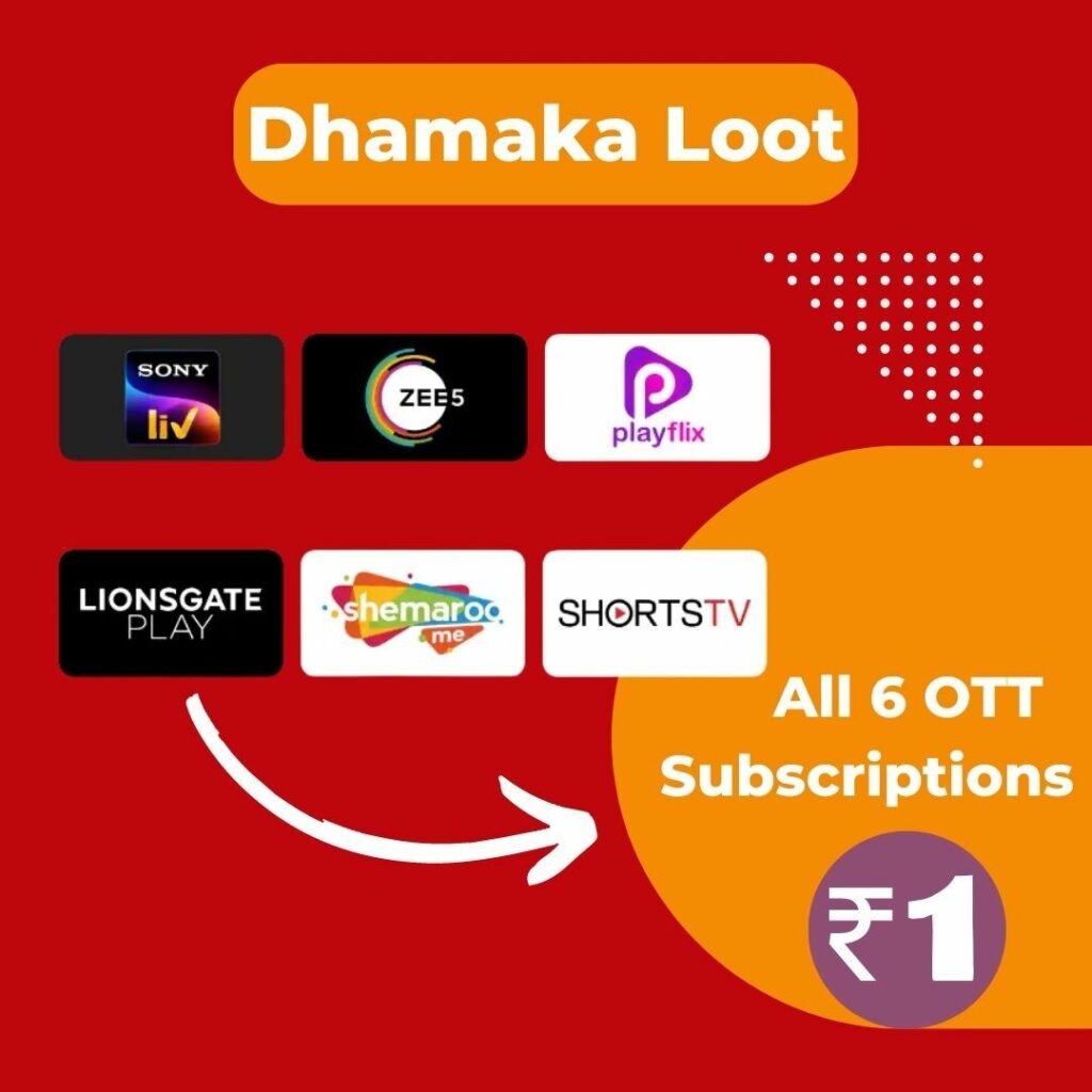 OTTPlay Loot SonyLIV , ZEE5 & 4 Other OTT Subscriptions Just ₹1