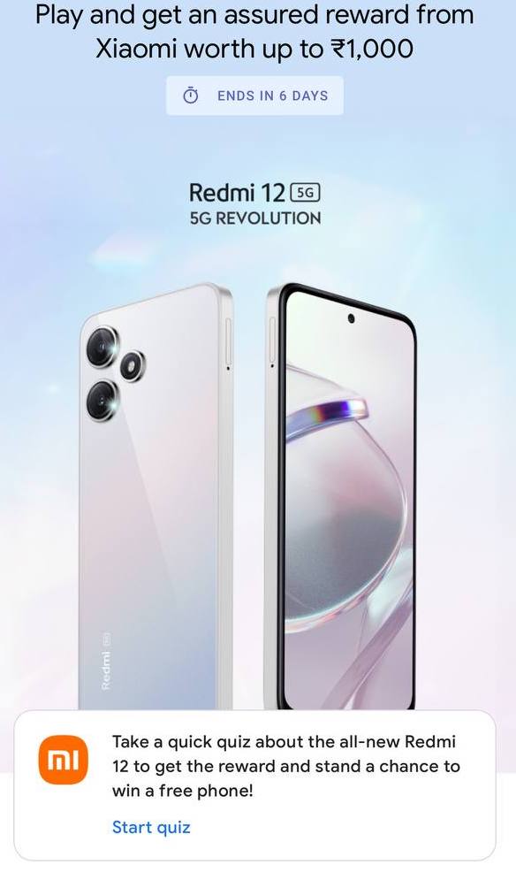 Google Pay Redmi 12 5G Quiz Answer Win Redmi 12 5G
