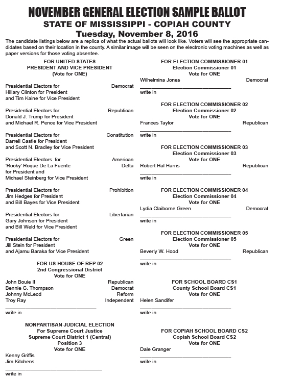 Sample ballot for Nov. 8 general election The Copiah Monitor