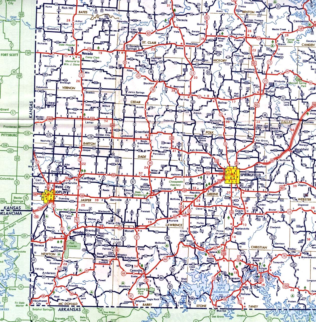 Map Of Sw Missouri Missouri Highways (Unofficial) - Section Of 1958 Official Highway Map