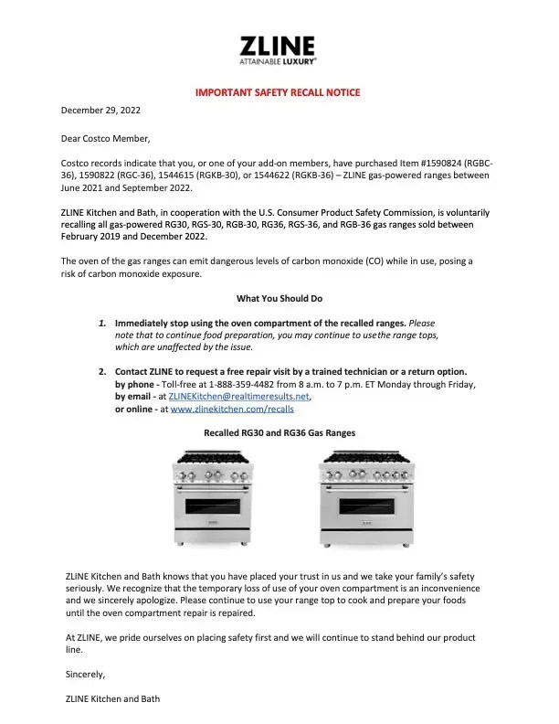 Costco Recall ZLINE Gas Ranges CO2 Risk CostContessa