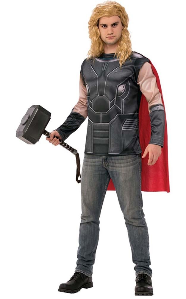 LICENSED THOR COSTUME TOP TSHIRT & CAPE ADULT MENS SUPERHERO HALLOWEEN