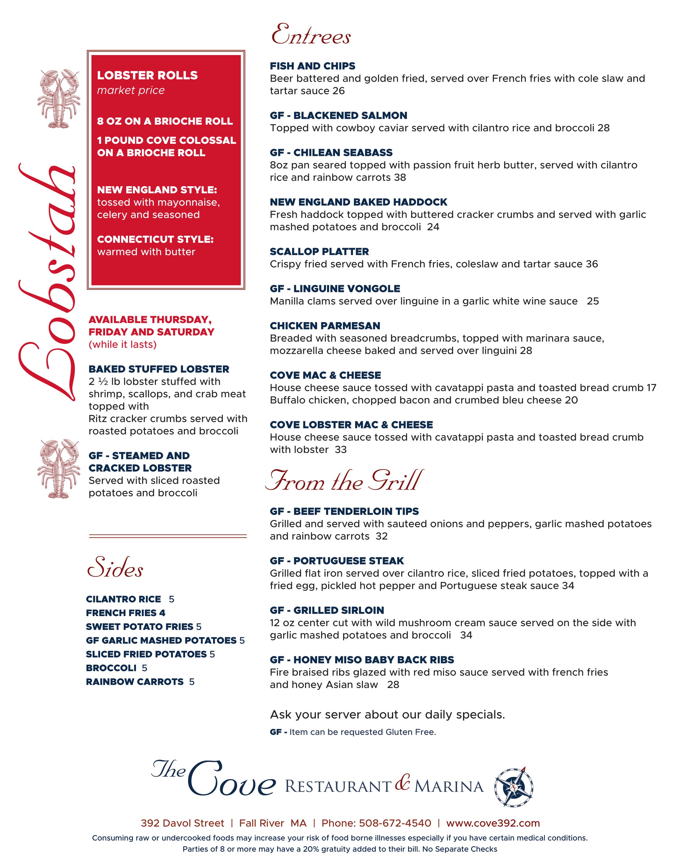 Menu The Cove Restaurant & Marina