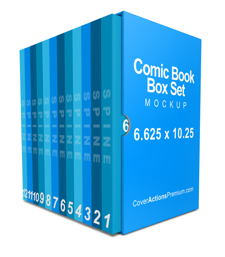 Comic Book Box Set Mockup Cover Actions Premium Mockup PSD Template