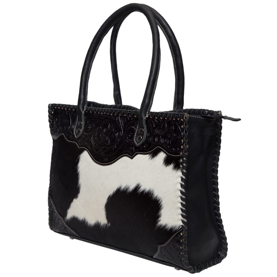 Caracas Black and White Cowhide Big Bag with Tooling Cowhide Bags Australia