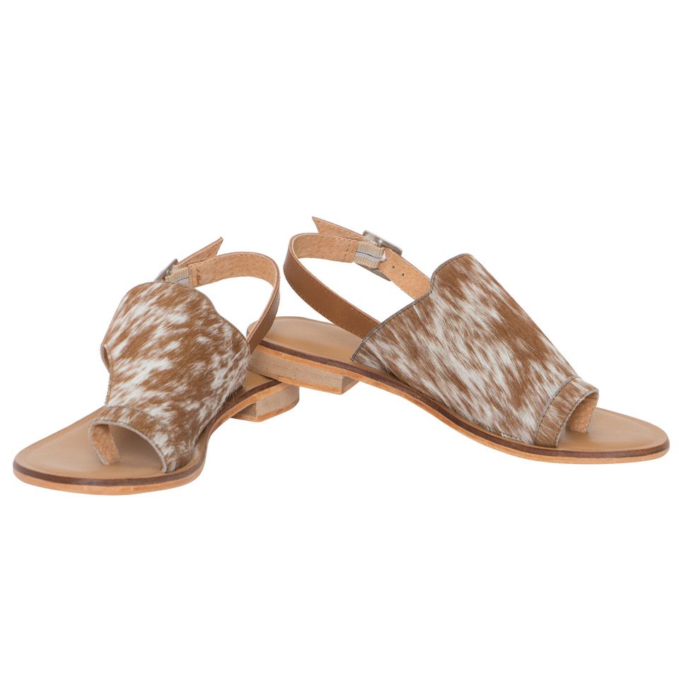 Shoe53T Tan & White Cowhide Toe Flat Sandals Real Cowhide Shoes