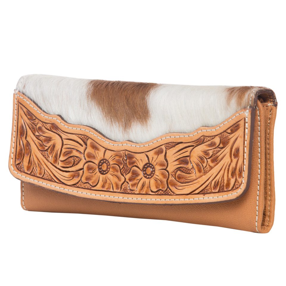 Oran Tan and White Cowhide Flap Wallet with Hand Tooled Leather