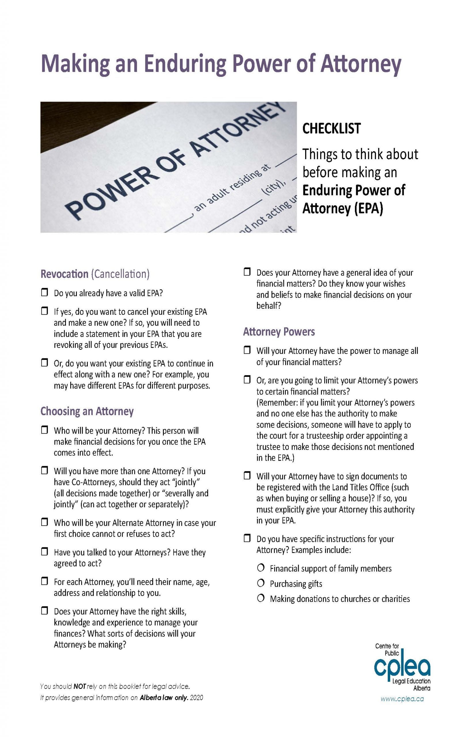 Making an Enduring Power of Attorney Checklist CPLEA.CA
