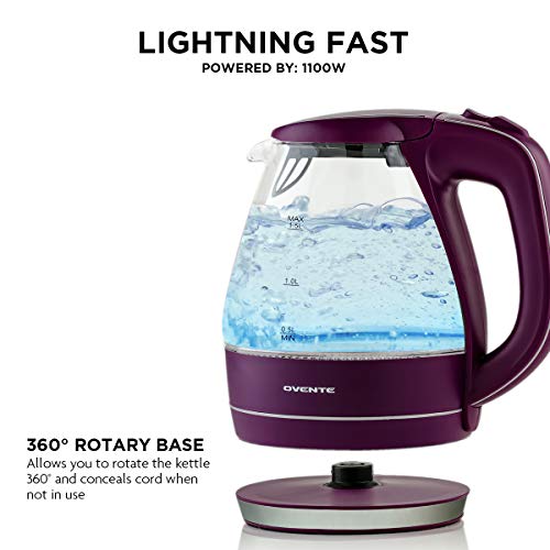Ovente Portable Electric Glass Kettle 1.5 Liter with Blue LED Light and