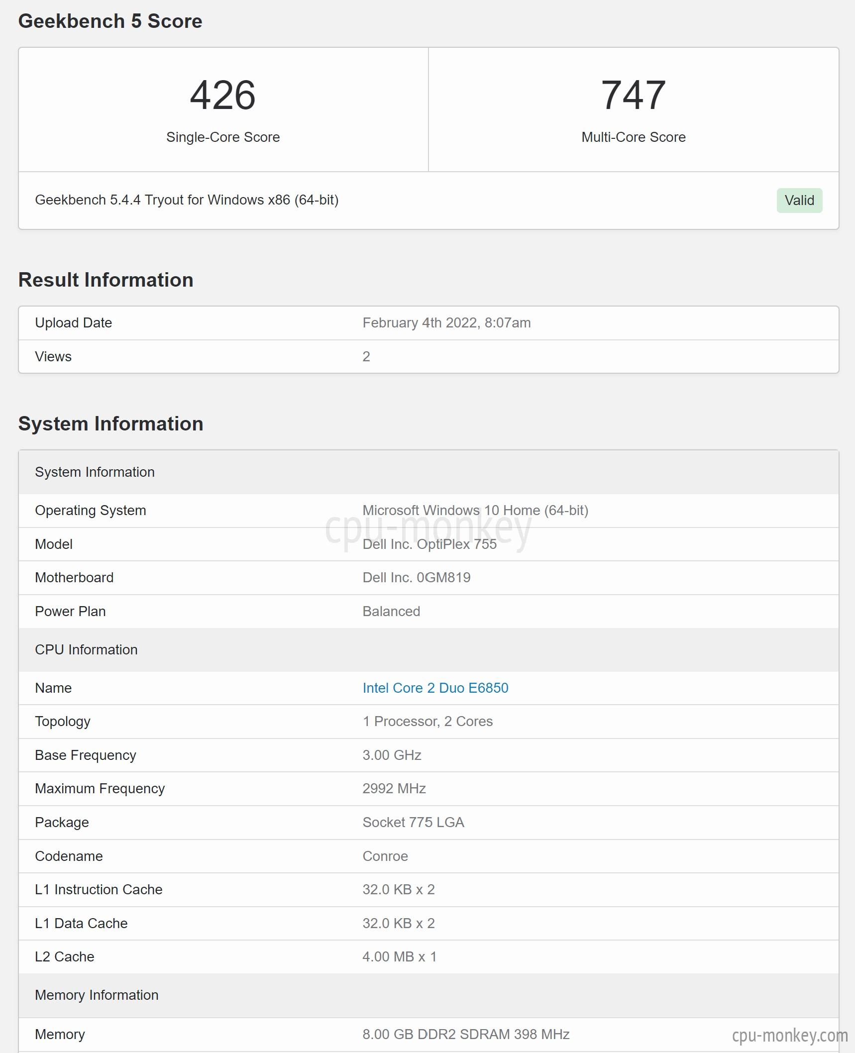 Intel Core2 Duo E6850 Benchmark, prueba y especificaciones
