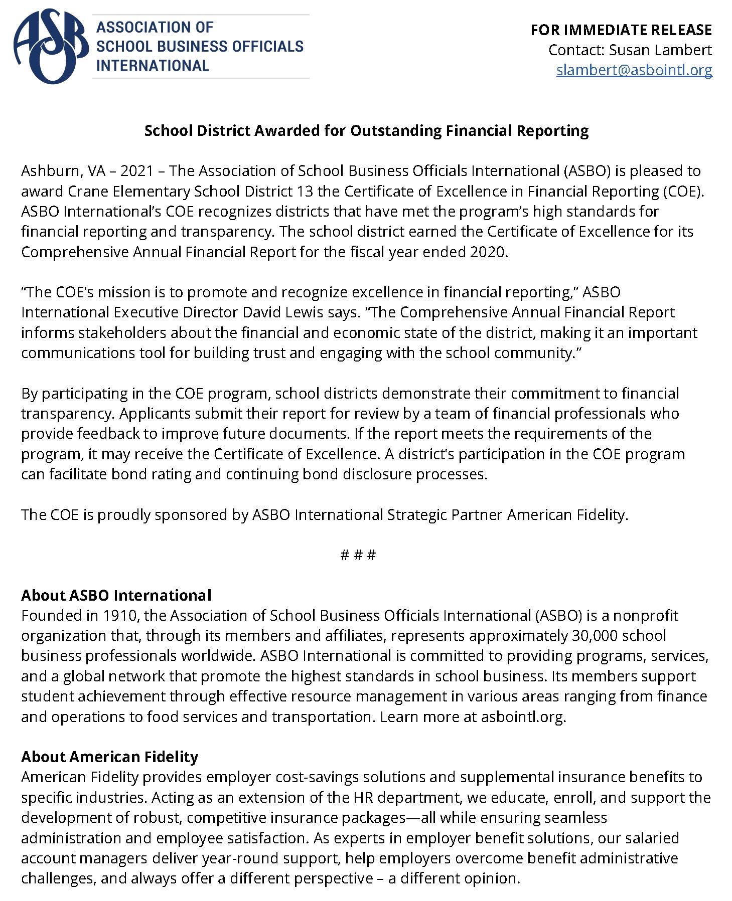Crane School District Awarded for Outstanding Financial Reporting