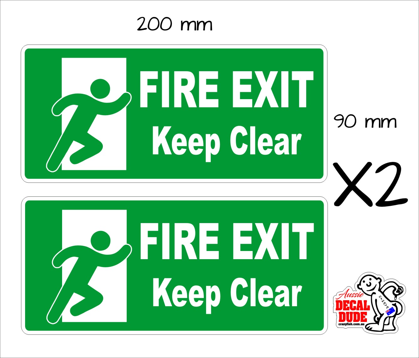 FIRE EXIT Stickers TWO (2) 200 x 90 mm each Crazy Fish