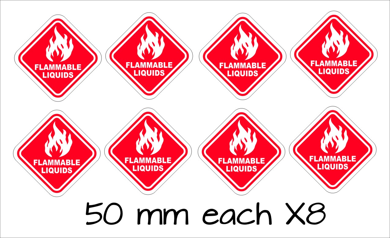 Flammable Liquids Stickers small EIGHT (8) 50 mm each Crazy Fish