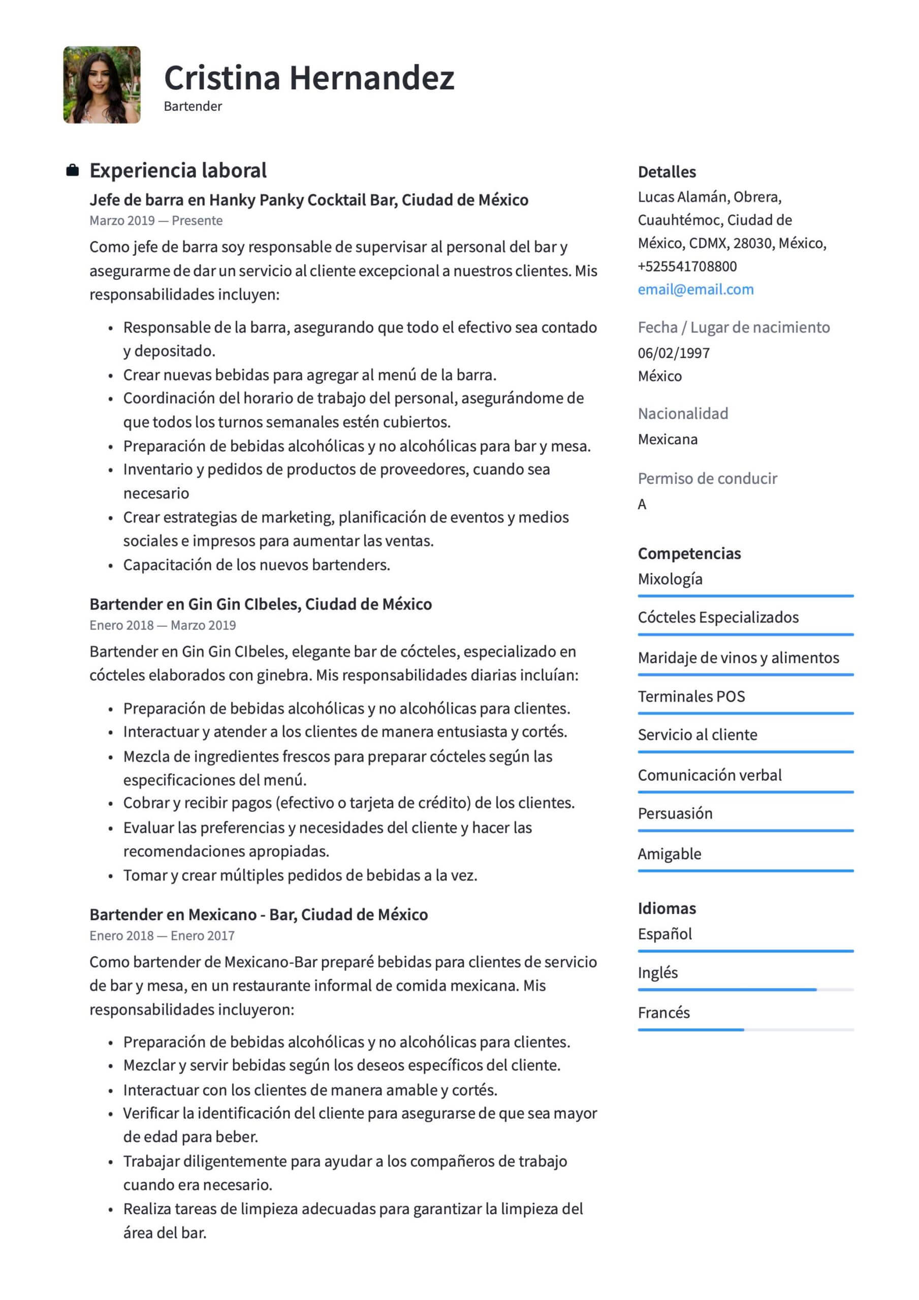 Currículum para bartender 18 plantillas Crea tu CV GRATIS