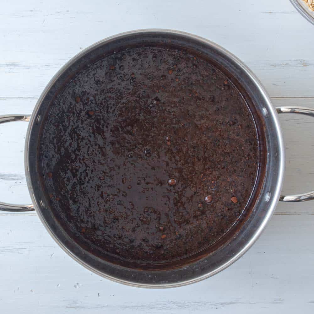 boiling chocolate mixture in pot for no bake cookies