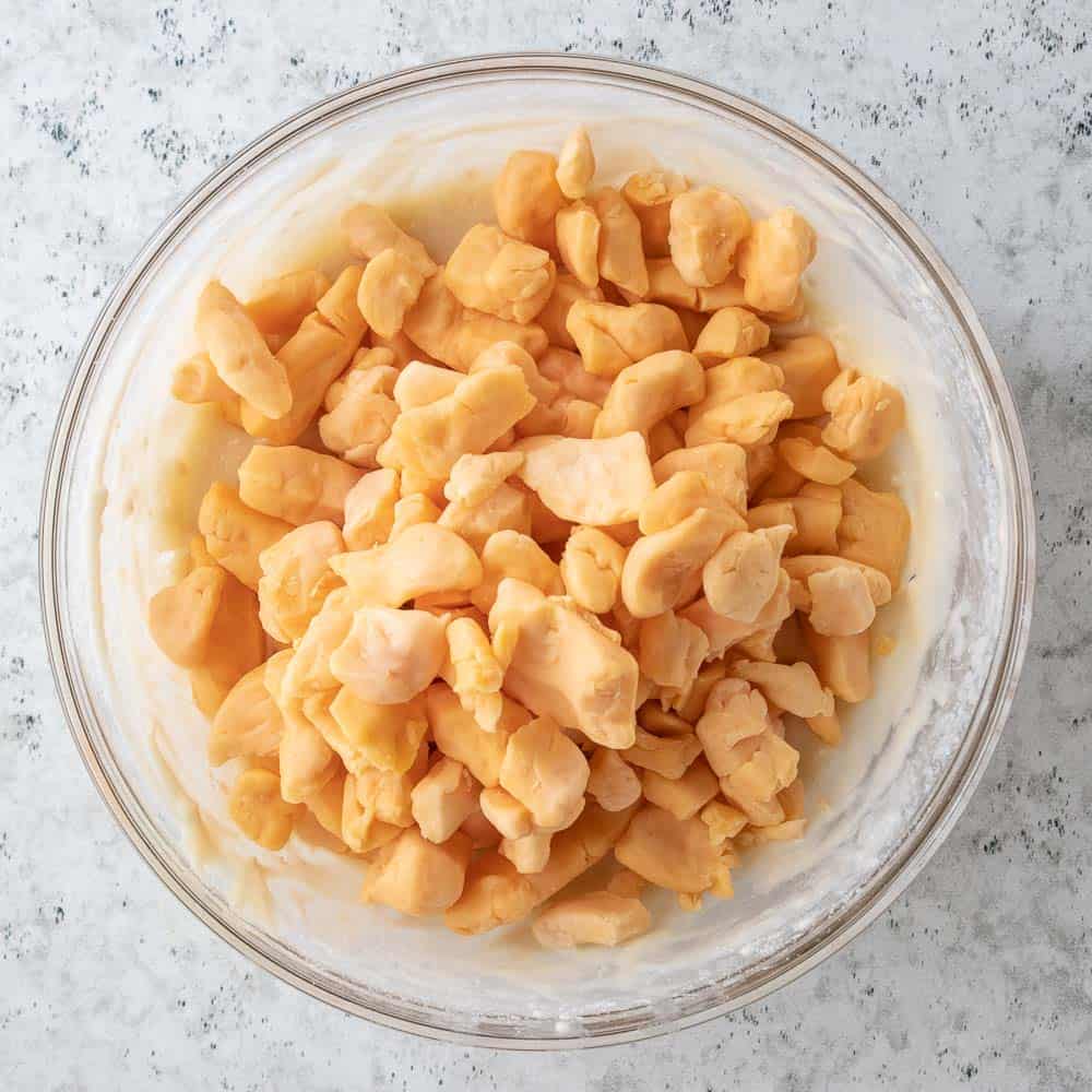 cheese cubes in large mixing bowl