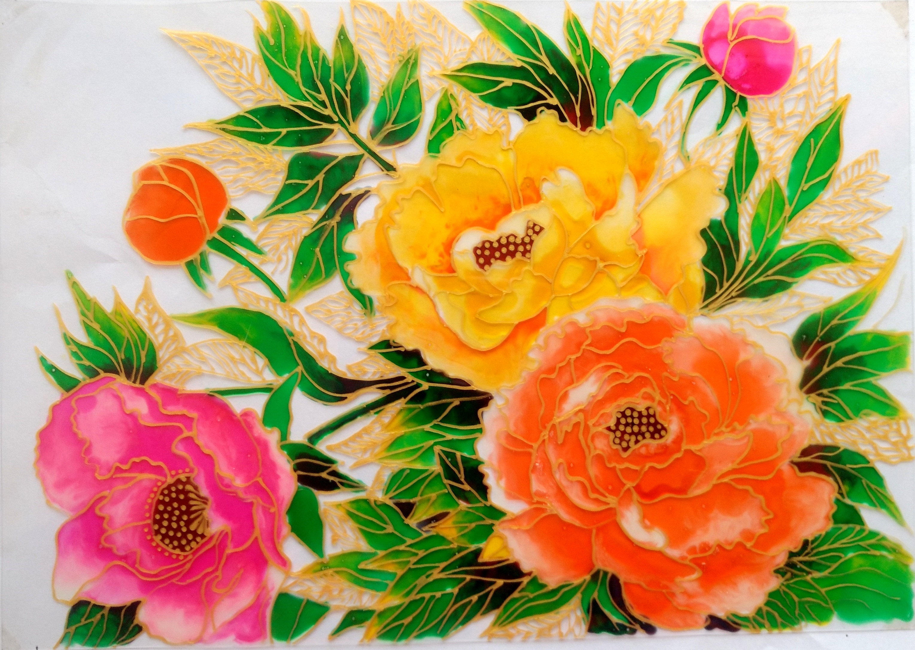 GLASS PAINTING OF BUNCH OF ROSES