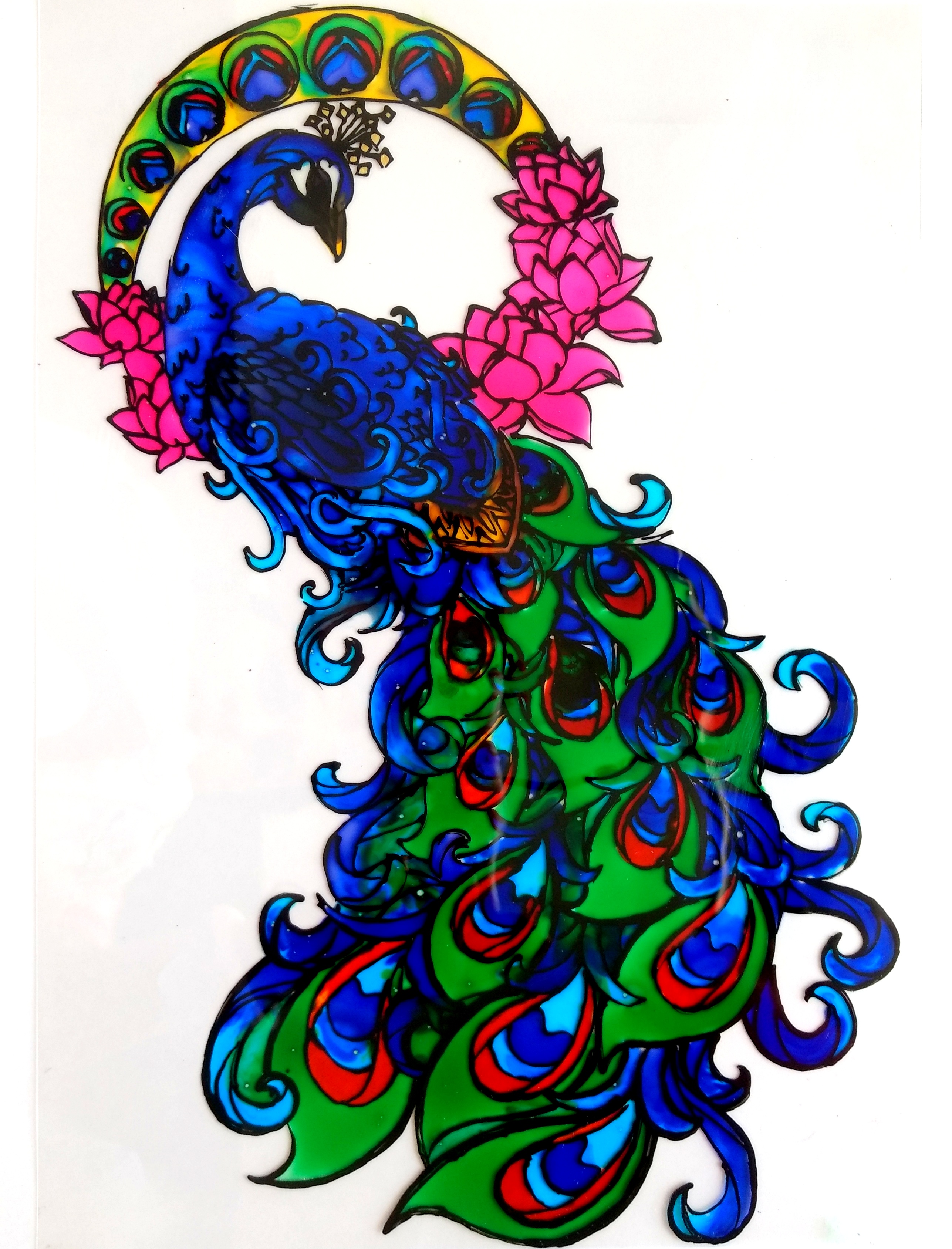 GLASS PAINTING OF A PEACOCK