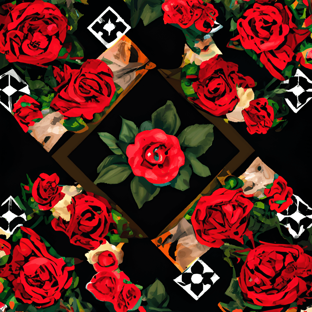 Geometric Pattern with Realistic Red Roses in Boho Style on Black