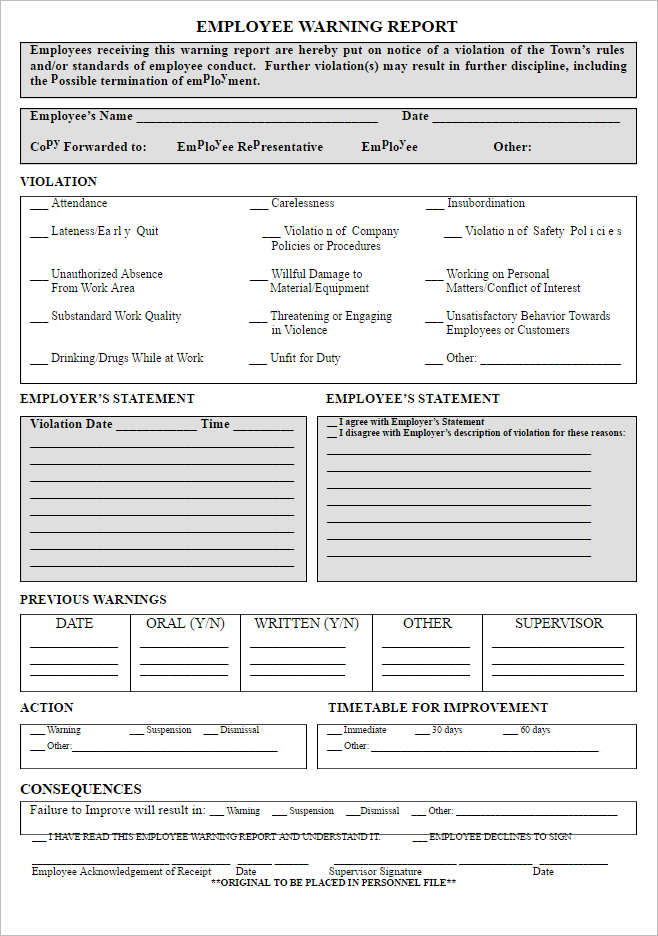 Employee reprimand form template