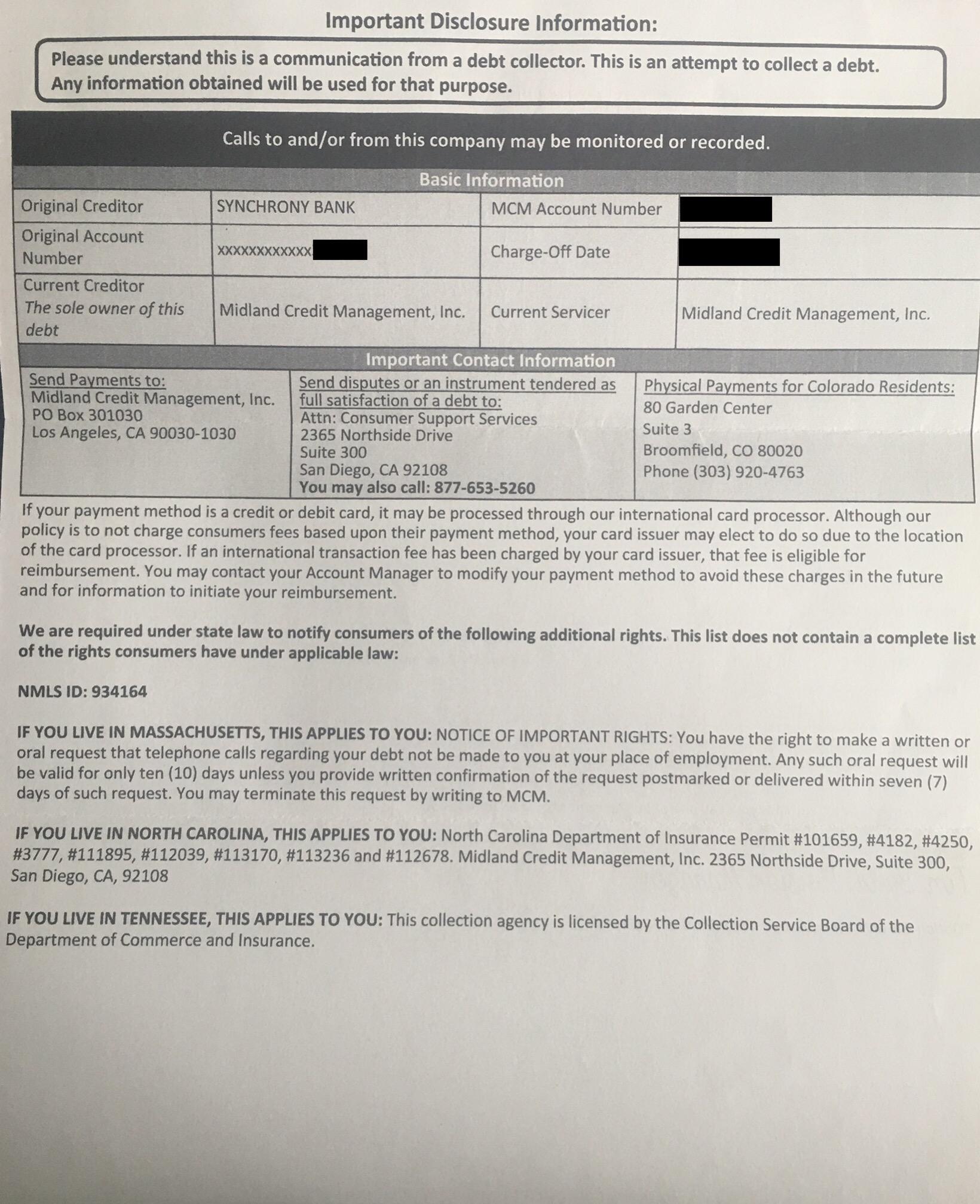 Sent DV to Midland Credit Management, received collection letter dated