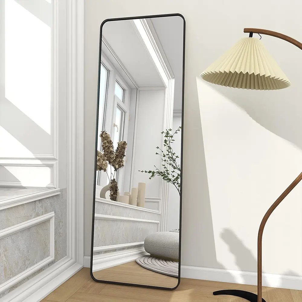 Full Length Mirror Black , Gold Rounded Corner Floor Mirror Standing