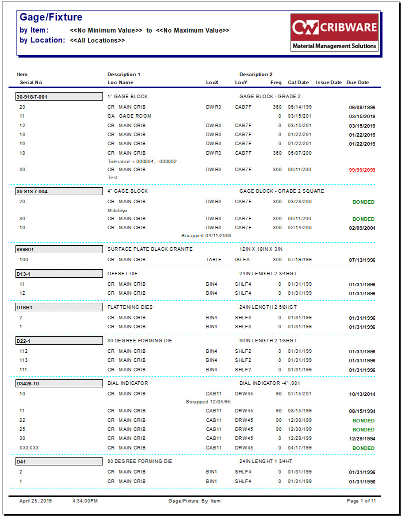 Gage and Fixture Management CRIBWARE