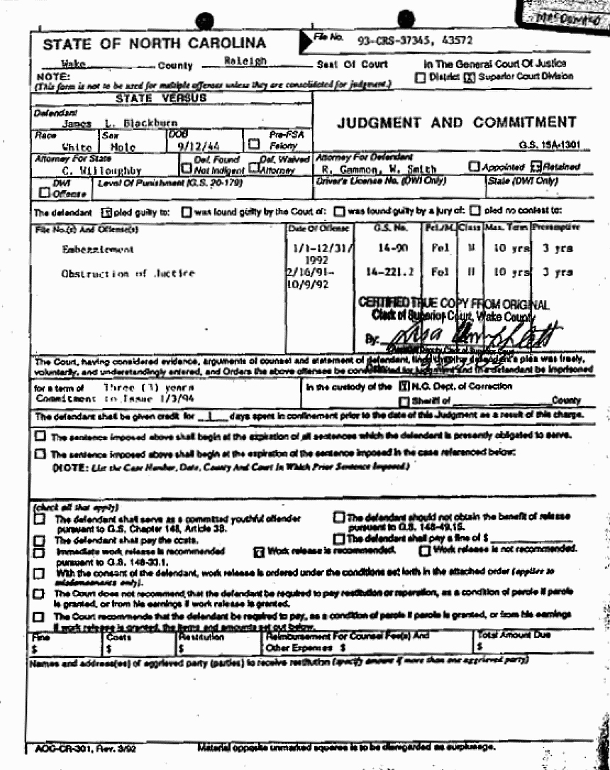 Judgment and Commitment form for James Blackburn, 1993 Jeffrey