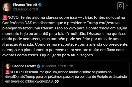 L'image contient deux tweets Eleanor Terrett. Dans le premier tweet, elle mentionne que le président Trump peut faire une diffusion en direct ou un enregistrement pour la conférence du Sommet des actifs numériques pour parler des crypto-monnaies. Elle souligne que le temps et la planification du président sont susceptibles de changer. Dans le deuxième tweet, Eleanor Terrett partage un
