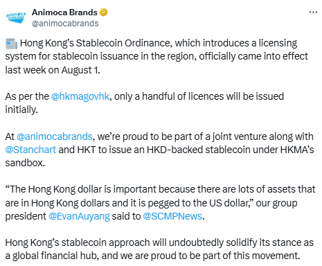 Partnership for Stablecoin à Hong Kong - Source: Brands AnimOCA / X