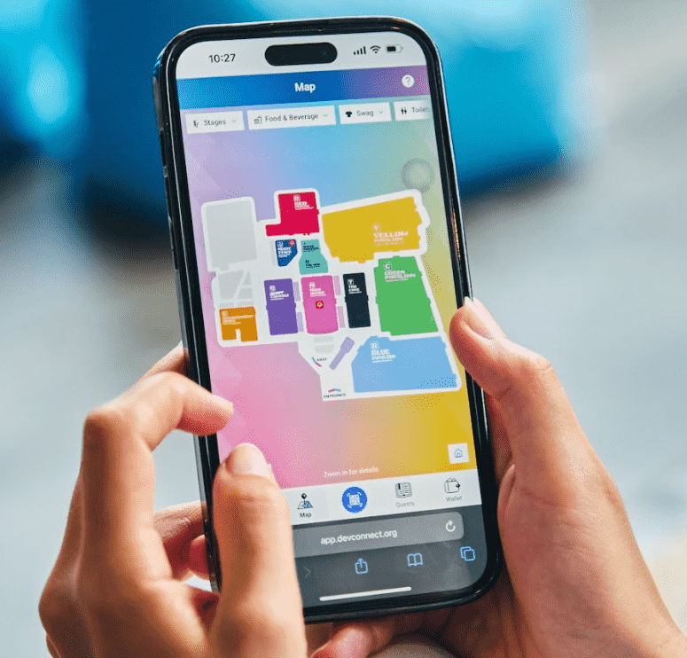 Sur l'écran d'un téléphone, vous pouvez voir une image avec les différents scénarios de Devconnect Argentina 2025. grâce à l'application événementielle.
