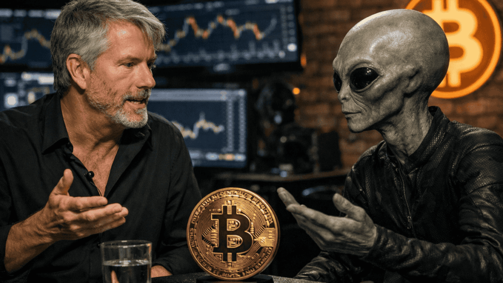 Michael Saylor et un extraterrestre discutent devant une pièce de monnaie Bitcoin.