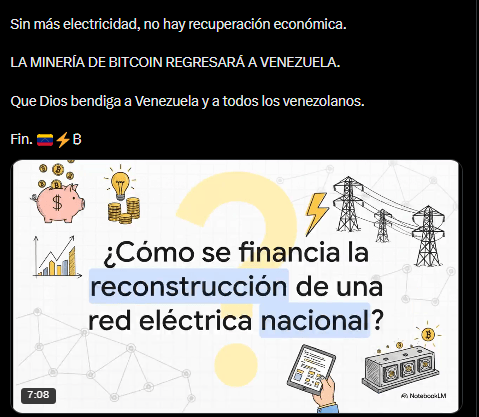 Un message en X de Sultan Bitcoin ou Alessandro Cecere qui propose le sauvetage du réseau électrique vénézuélien avec le minage de Bitcoin.