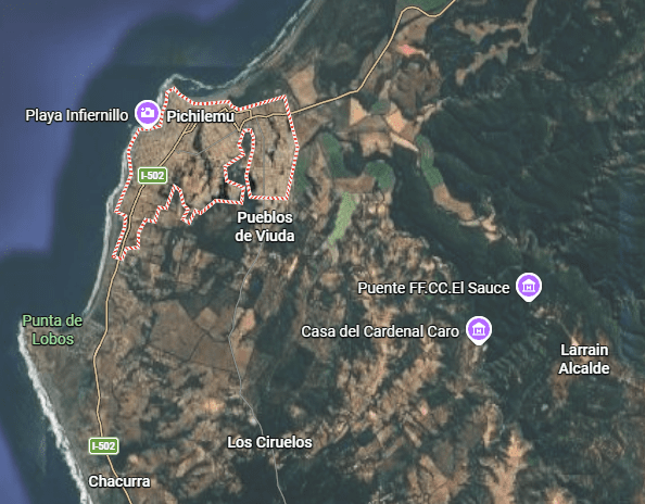 Vue aérienne de Pichilemo, la ville au sud-est de Santiago au Chili où se développe une économie circulaire Bitcoin.