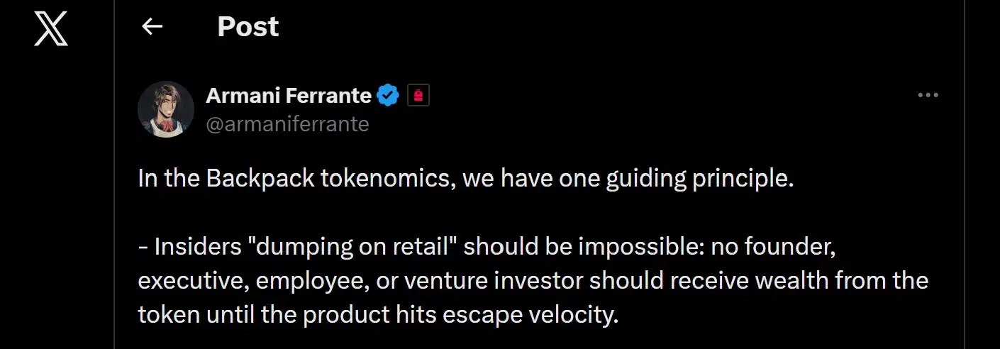 Armani Ferrante sur le sac à dos Tokenomics