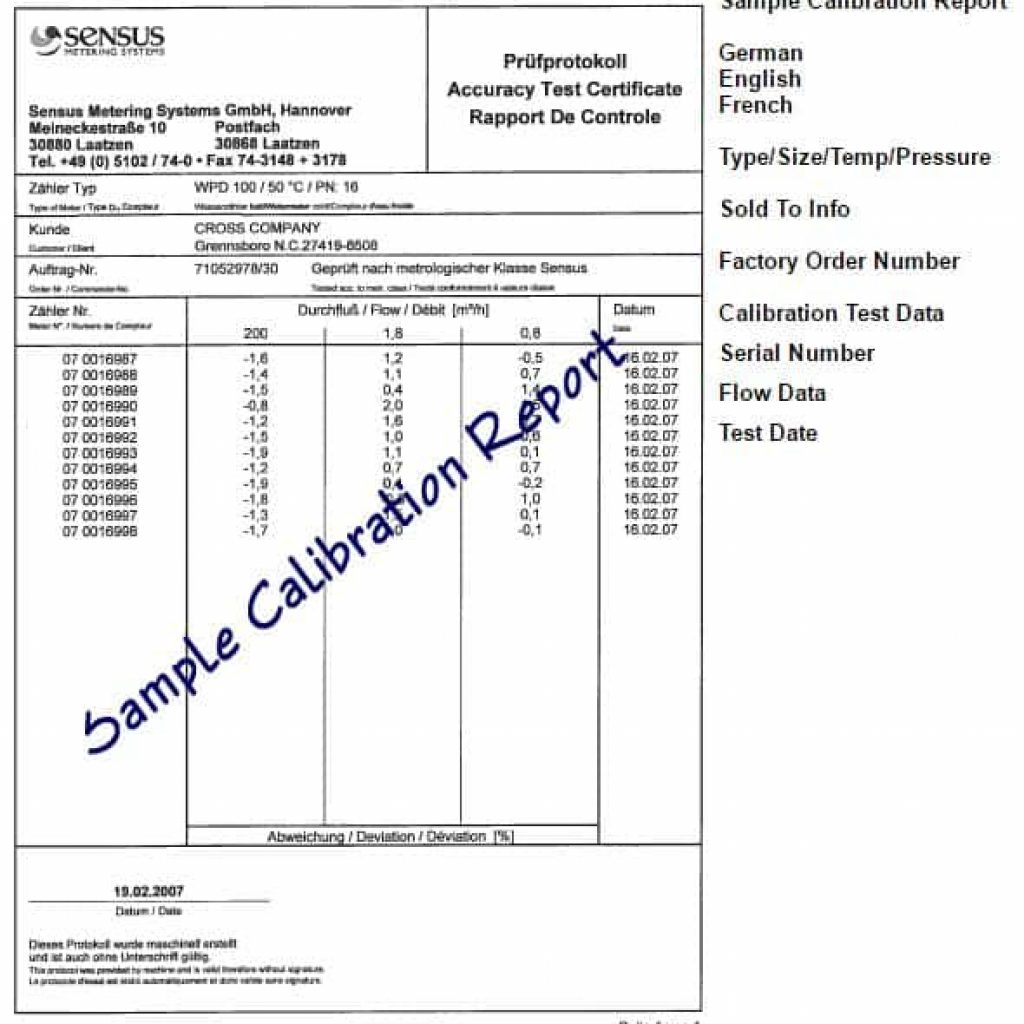 Meinecke Meters Sample Calibration Report Cross Company