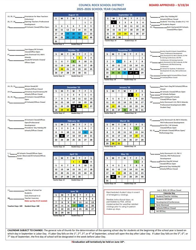 SCHOOL YEAR CALENDARS Council Rock School District