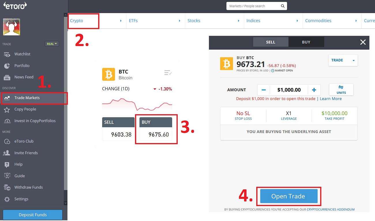 Buy Bitcoin on eToro Tutorial Guide how to buy BTC